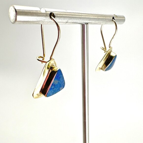 VTG Sterling Silver 925 Lapis Lazuli Triangle Cut Dangle Earrings 1.25" Length - Picture 3 of 10